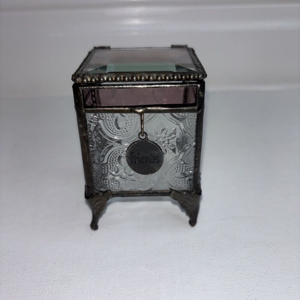 Vintage Beveled Glass Art Hinged Jewelry Trinket Box With Friend Charm